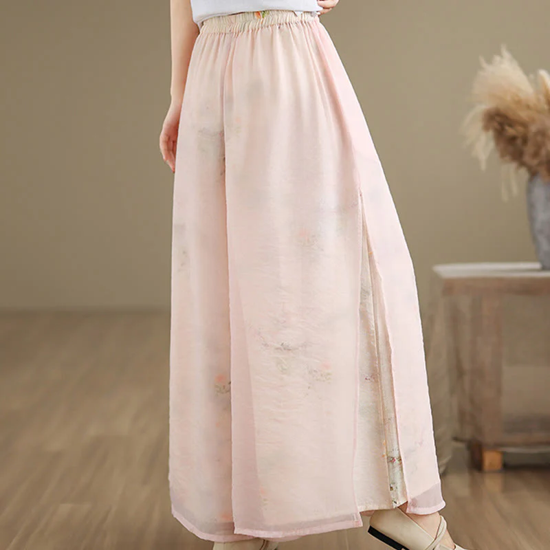Pantaloni da donna in cotone a gamba larga con tasche, stampa vintage primaverile con motivo a piante, design a doppio strato, Buddha Stones - Image 15