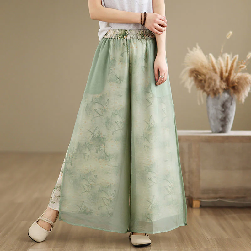 Pantaloni da donna in cotone a gamba larga con tasche, stampa vintage primaverile con motivo a piante, design a doppio strato, Buddha Stones - Image 2