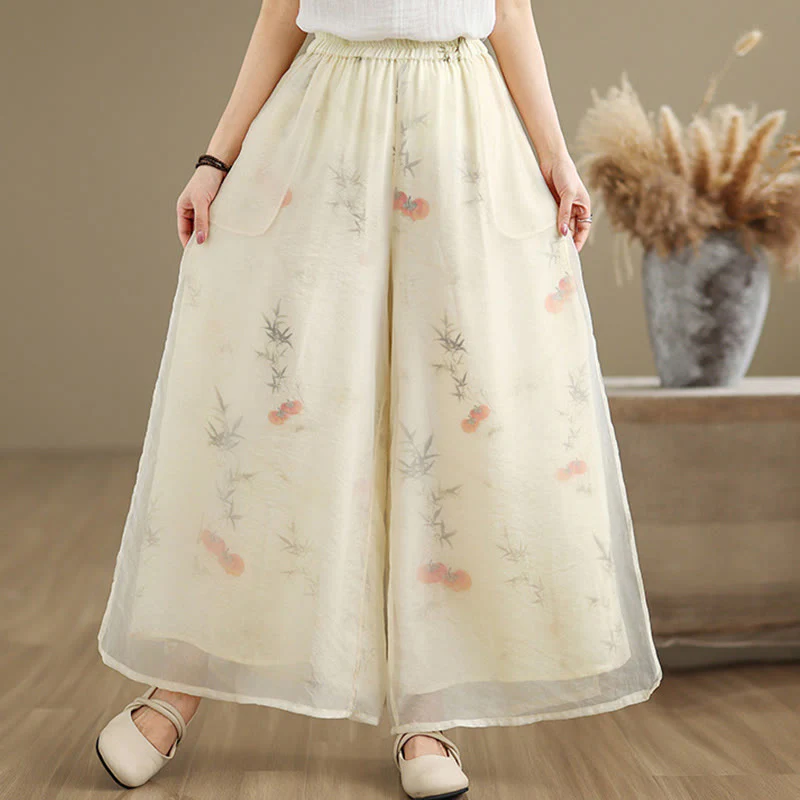 Pantaloni da donna in cotone a gamba larga con tasche, stampa vintage primaverile con motivo a piante, design a doppio strato, Buddha Stones - Image 20