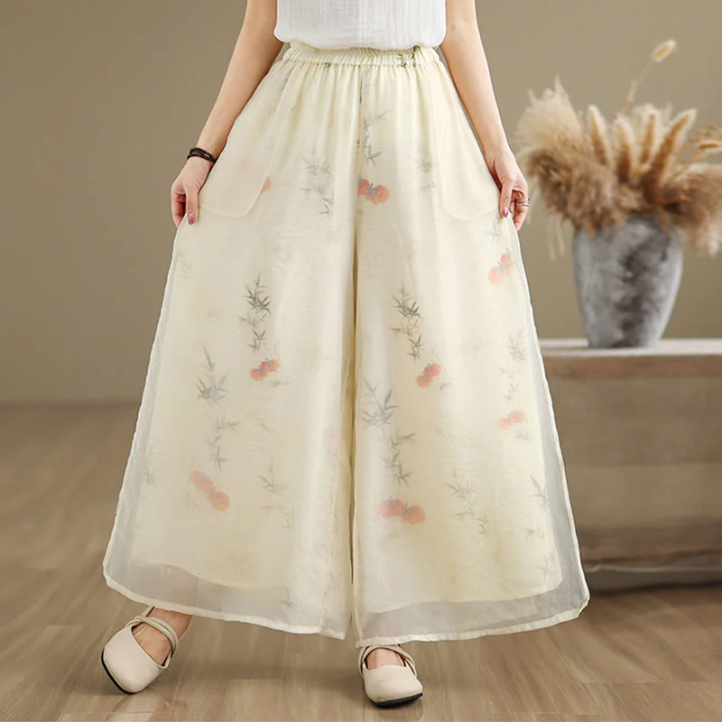 Pantaloni da donna in cotone a gamba larga con tasche, stampa vintage primaverile con motivo a piante, design a doppio strato, Buddha Stones - Image 21