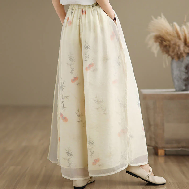 Pantaloni da donna in cotone a gamba larga con tasche, stampa vintage primaverile con motivo a piante, design a doppio strato, Buddha Stones - Image 23