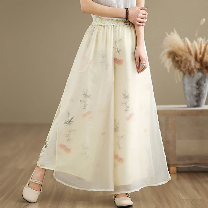 Pantaloni da donna in cotone a gamba larga con tasche, stampa vintage primaverile con motivo a piante, design a doppio strato, Buddha Stones - Image 24