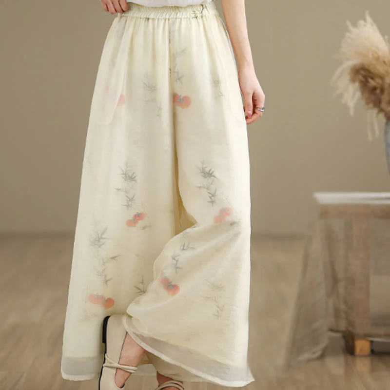 Pantaloni da donna in cotone a gamba larga con tasche, stampa vintage primaverile con motivo a piante, design a doppio strato, Buddha Stones - Image 25