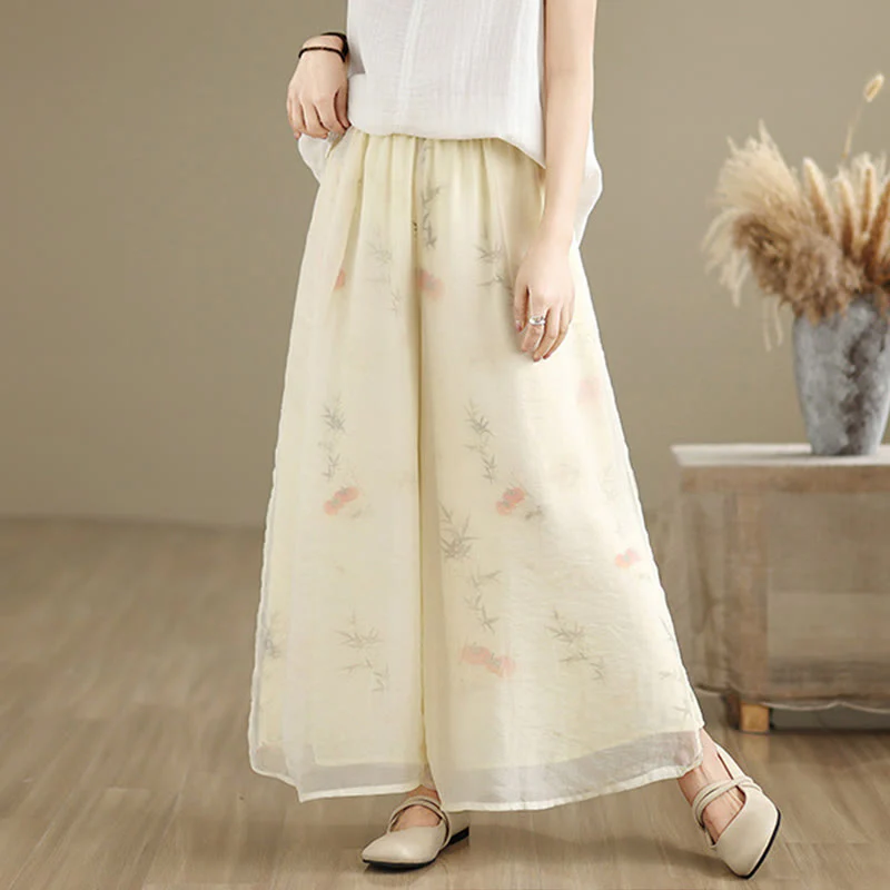 Pantaloni da donna in cotone a gamba larga con tasche, stampa vintage primaverile con motivo a piante, design a doppio strato, Buddha Stones - Image 26