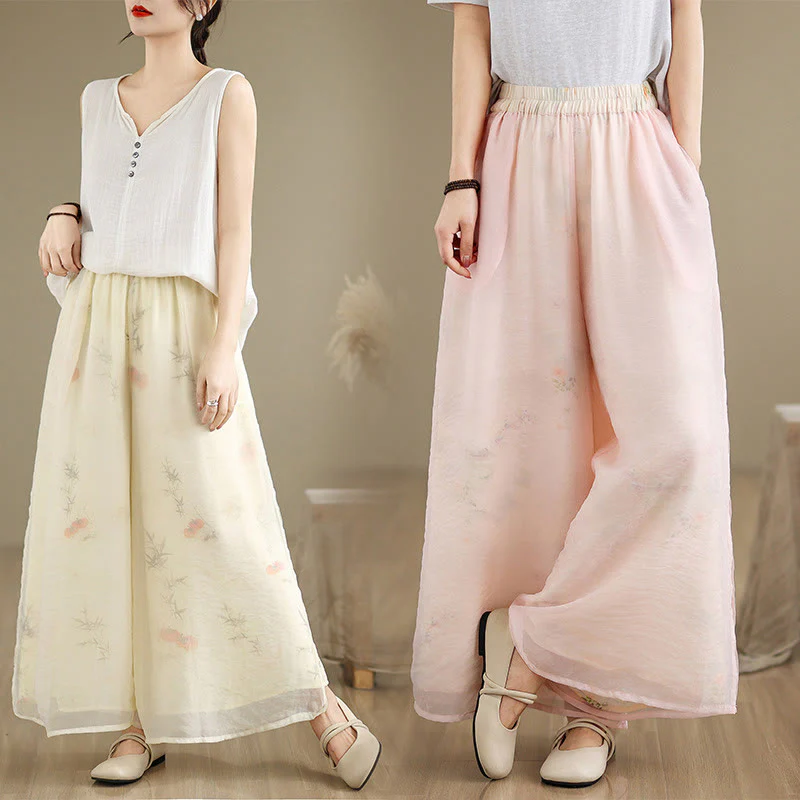 Pantaloni da donna in cotone a gamba larga con tasche, stampa vintage primaverile con motivo a piante, design a doppio strato, Buddha Stones - Image 28