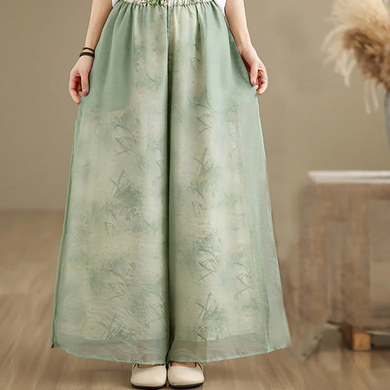 Pantaloni da donna in cotone a gamba larga con tasche, stampa vintage primaverile con motivo a piante, design a doppio strato, Buddha Stones - Image 3