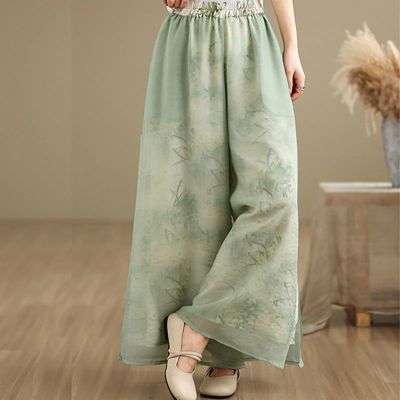 Pantaloni da donna in cotone a gamba larga con tasche, stampa vintage primaverile con motivo a piante, design a doppio strato, Buddha Stones - Image 4
