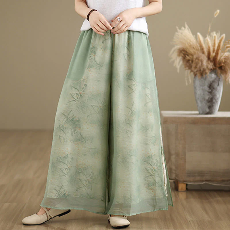 Pantaloni da donna in cotone a gamba larga con tasche, stampa vintage primaverile con motivo a piante, design a doppio strato, Buddha Stones - Image 5