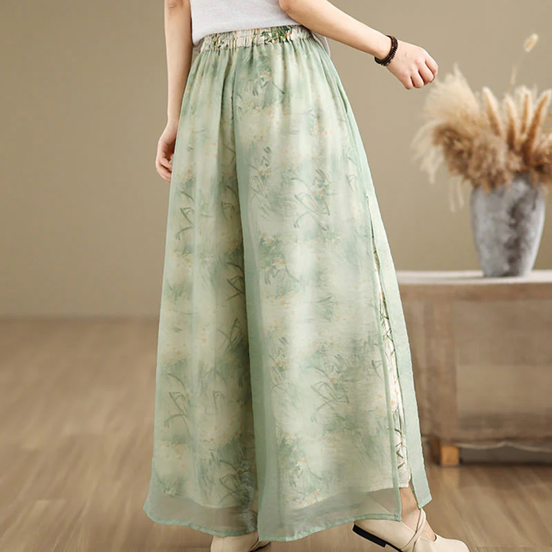 Pantaloni da donna in cotone a gamba larga con tasche, stampa vintage primaverile con motivo a piante, design a doppio strato, Buddha Stones - Image 6