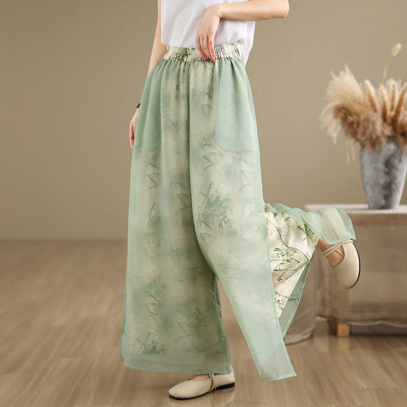 Pantaloni da donna in cotone a gamba larga con tasche, stampa vintage primaverile con motivo a piante, design a doppio strato, Buddha Stones - Image 7