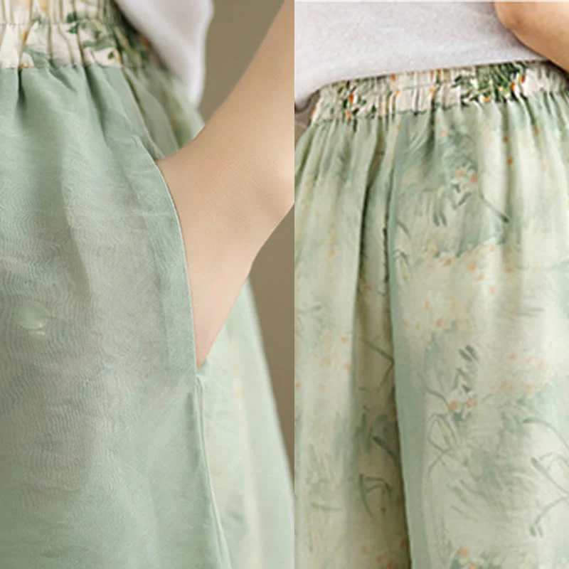 Pantaloni da donna in cotone a gamba larga con tasche, stampa vintage primaverile con motivo a piante, design a doppio strato, Buddha Stones - Image 9
