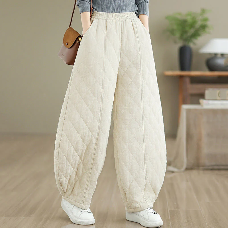 Pantaloni da donna in cotone con motivo a rombi invernali Buddha Stones e tasche - Image 10