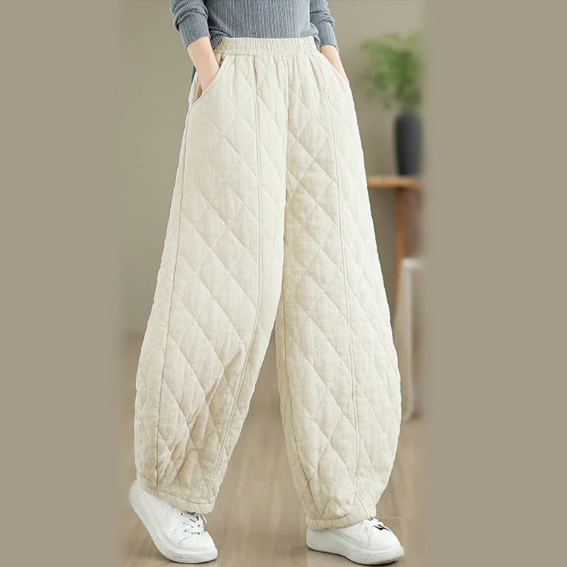 Pantaloni da donna in cotone con motivo a rombi invernali Buddha Stones e tasche - Image 11
