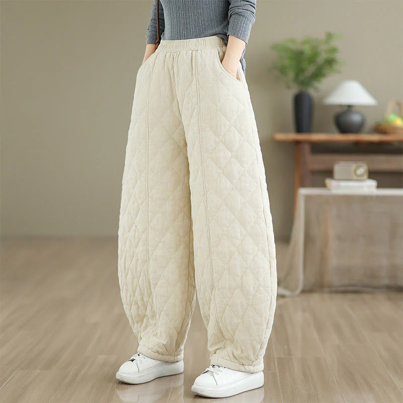 Pantaloni da donna in cotone con motivo a rombi invernali Buddha Stones e tasche - Image 12