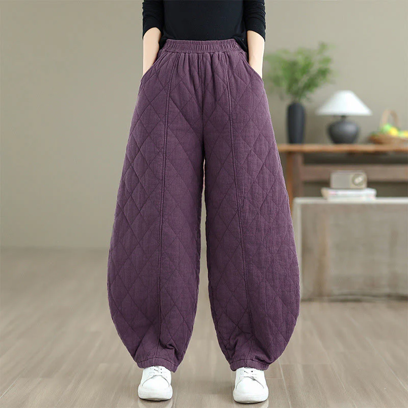 Pantaloni da donna in cotone con motivo a rombi invernali Buddha Stones e tasche - Image 19