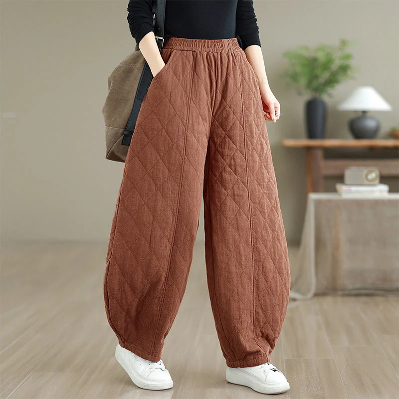 Pantaloni da donna in cotone con motivo a rombi invernali Buddha Stones e tasche - Image 2