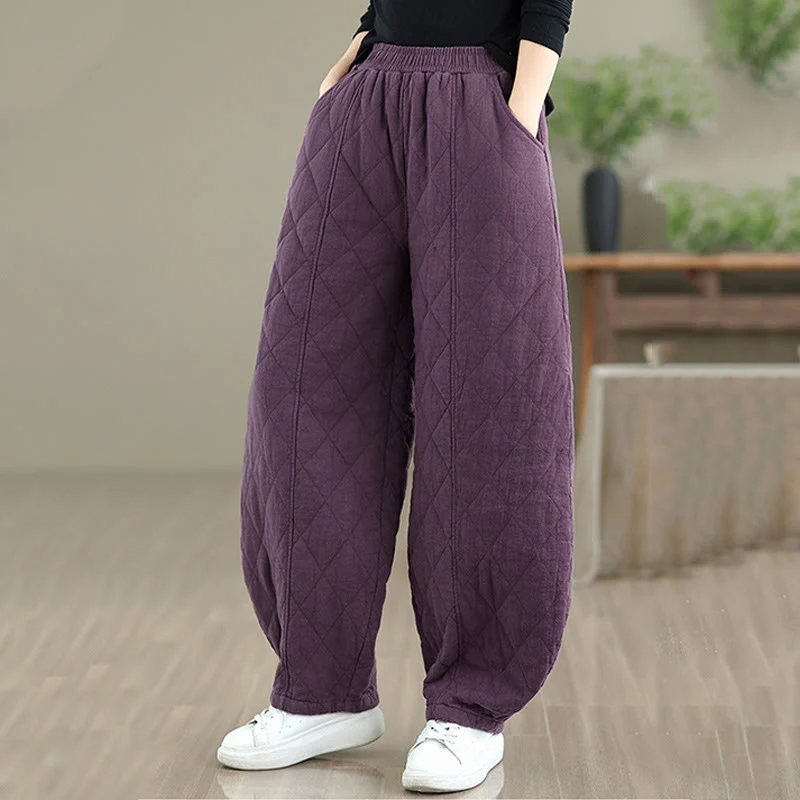 Pantaloni da donna in cotone con motivo a rombi invernali Buddha Stones e tasche - Image 21