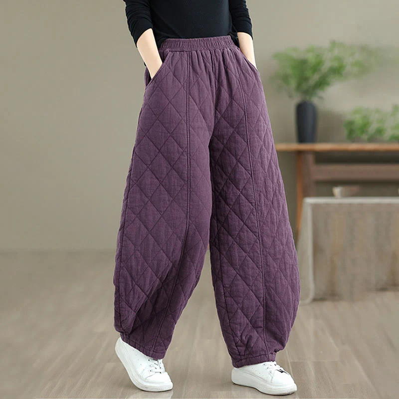 Pantaloni da donna in cotone con motivo a rombi invernali Buddha Stones e tasche - Image 22