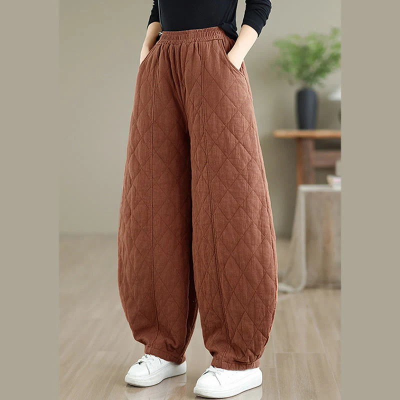 Pantaloni da donna in cotone con motivo a rombi invernali Buddha Stones e tasche - Image 3