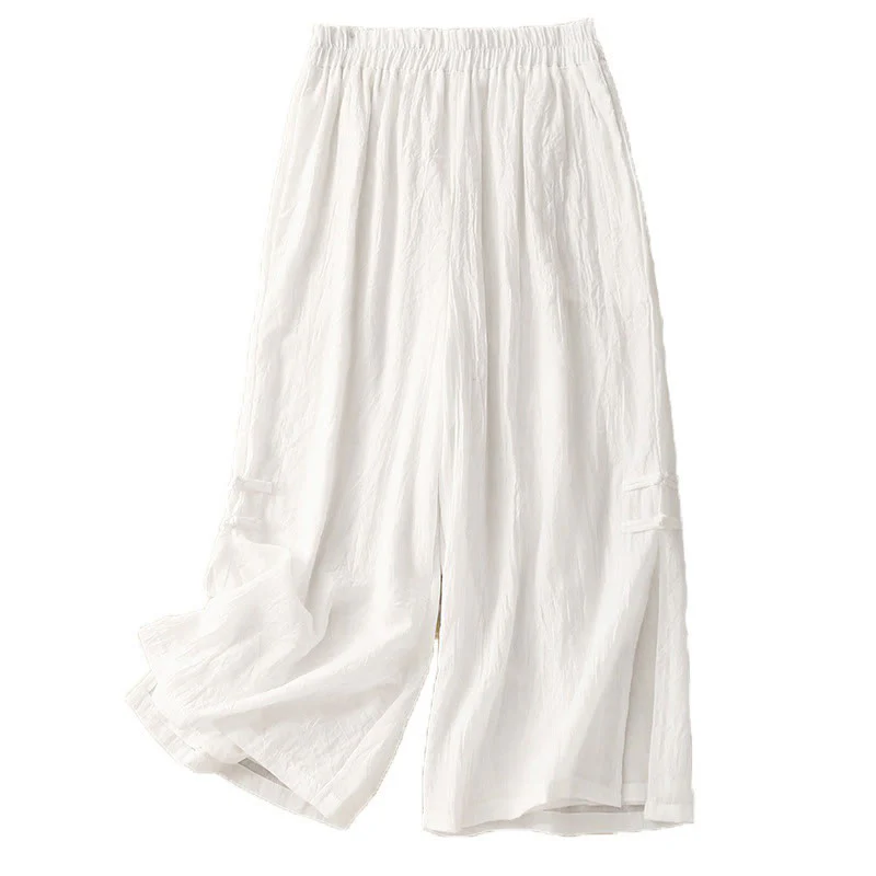 Pantaloni da donna in cotone e lino a gamba larga con tasche, orlo con bottoni a rana e design a fessura , Buddha Stones - Image 14