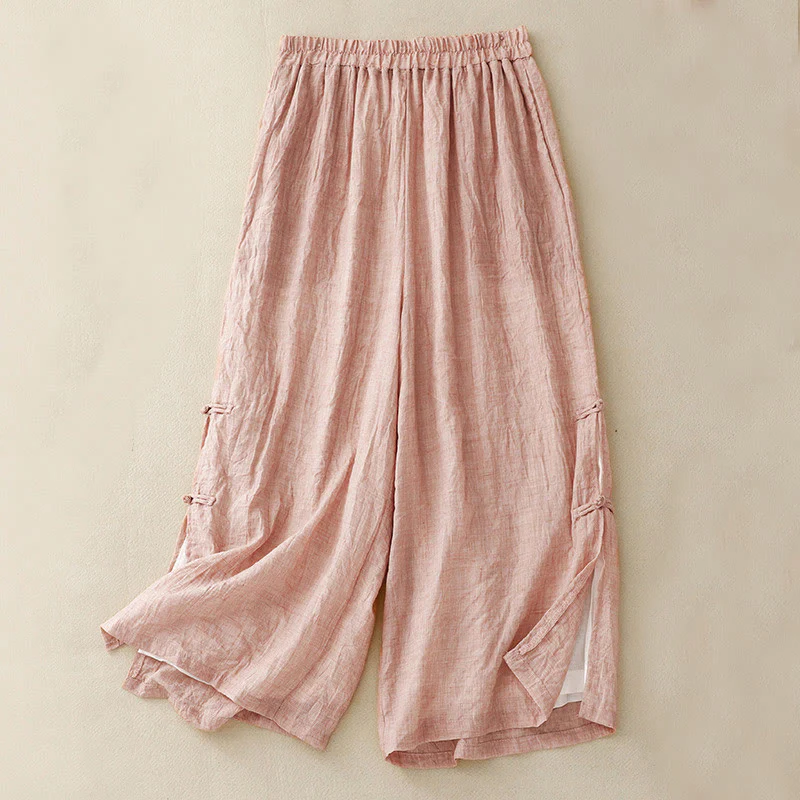 Pantaloni da donna in cotone e lino a gamba larga con tasche, orlo con bottoni a rana e design a fessura , Buddha Stones - Image 15