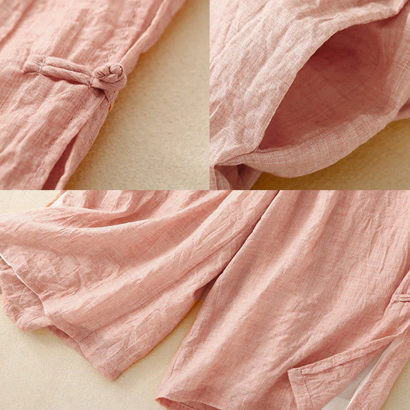 Pantaloni da donna in cotone e lino a gamba larga con tasche, orlo con bottoni a rana e design a fessura , Buddha Stones - Image 17