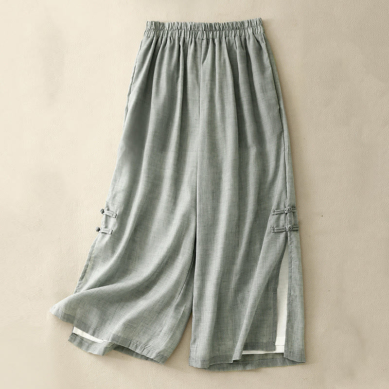 Pantaloni da donna in cotone e lino a gamba larga con tasche, orlo con bottoni a rana e design a fessura , Buddha Stones - Image 18