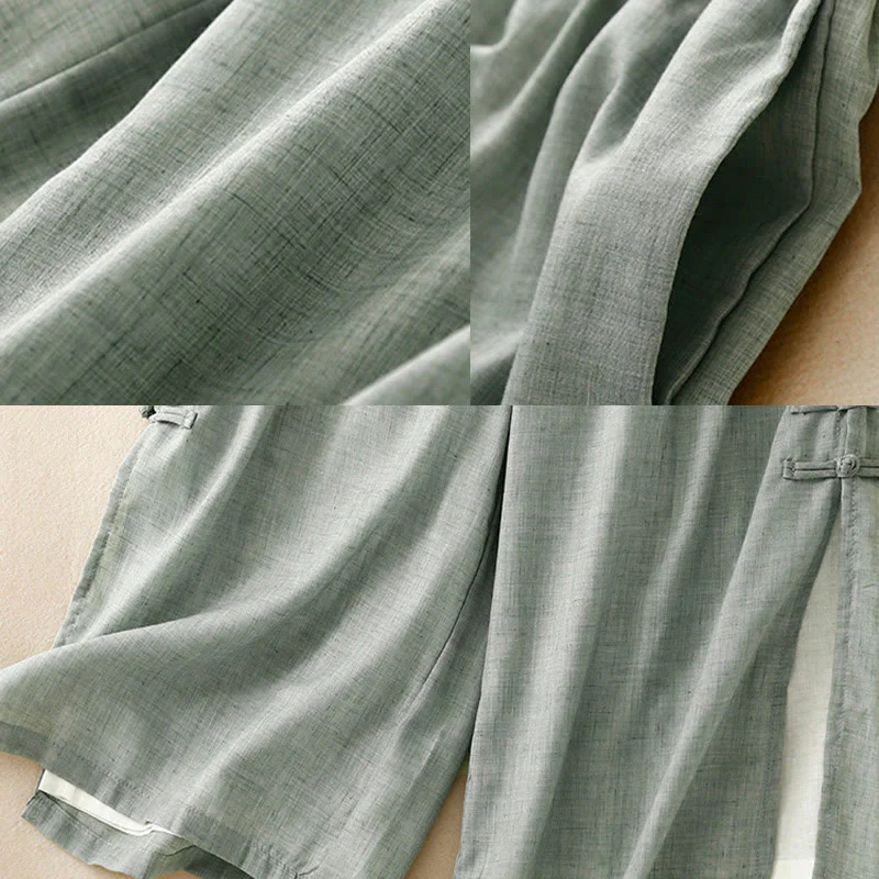 Pantaloni da donna in cotone e lino a gamba larga con tasche, orlo con bottoni a rana e design a fessura , Buddha Stones - Image 20