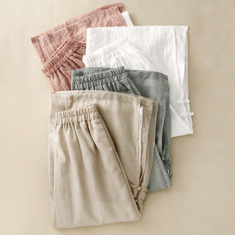 Pantaloni da donna in cotone e lino a gamba larga con tasche, orlo con bottoni a rana e design a fessura , Buddha Stones - Image 21