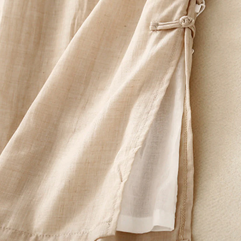 Pantaloni da donna in cotone e lino a gamba larga con tasche, orlo con bottoni a rana e design a fessura , Buddha Stones - Image 6