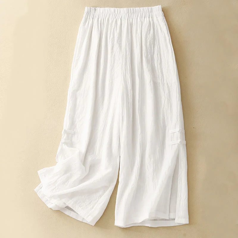 Pantaloni da donna in cotone e lino a gamba larga con tasche, orlo con bottoni a rana e design a fessura , Buddha Stones - Image 9