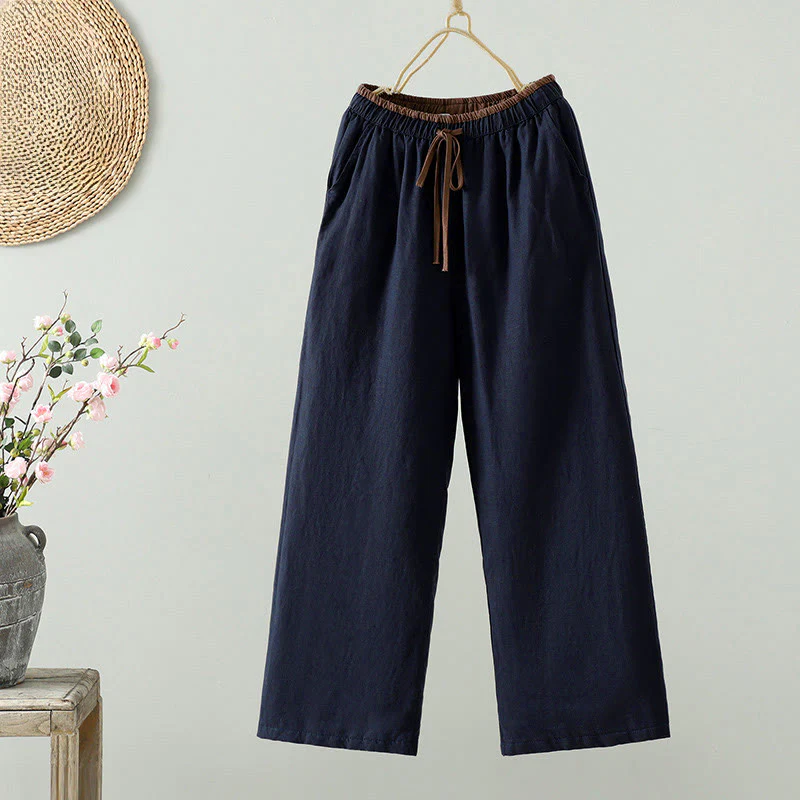 Pantaloni da donna in cotone e lino con coulisse a contrasto, modello Buddha Stones, con tasche e gamba larga - Image 2