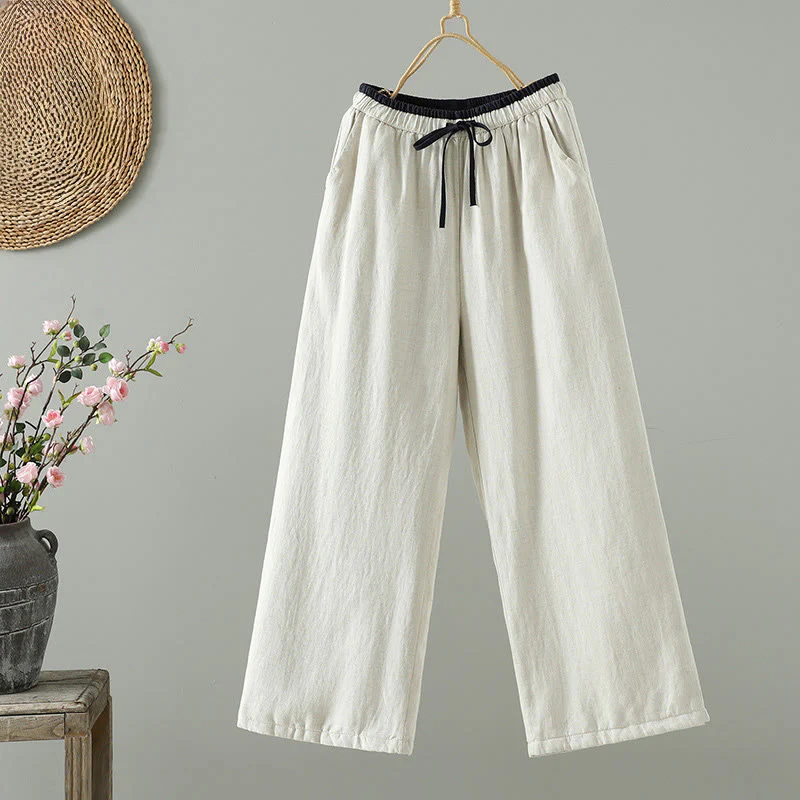 Pantaloni da donna in cotone e lino con coulisse a contrasto, modello Buddha Stones, con tasche e gamba larga - Image 7