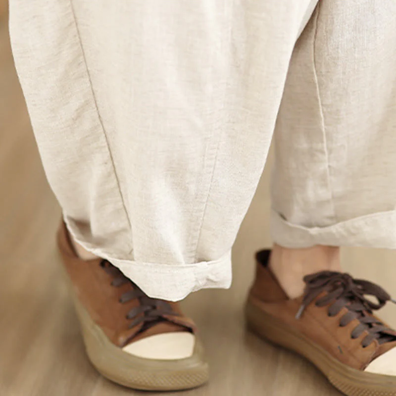 Pantaloni da donna in cotone e lino con coulisse, tinta unita, con tasche, modello Buddha Stones, lunghezza 7-8 - Image 10