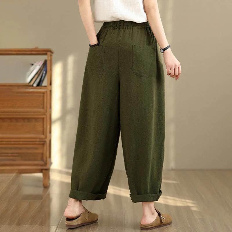 Pantaloni da donna in cotone e lino con coulisse, tinta unita, con tasche, modello Buddha Stones, lunghezza 7-8 - Image 21