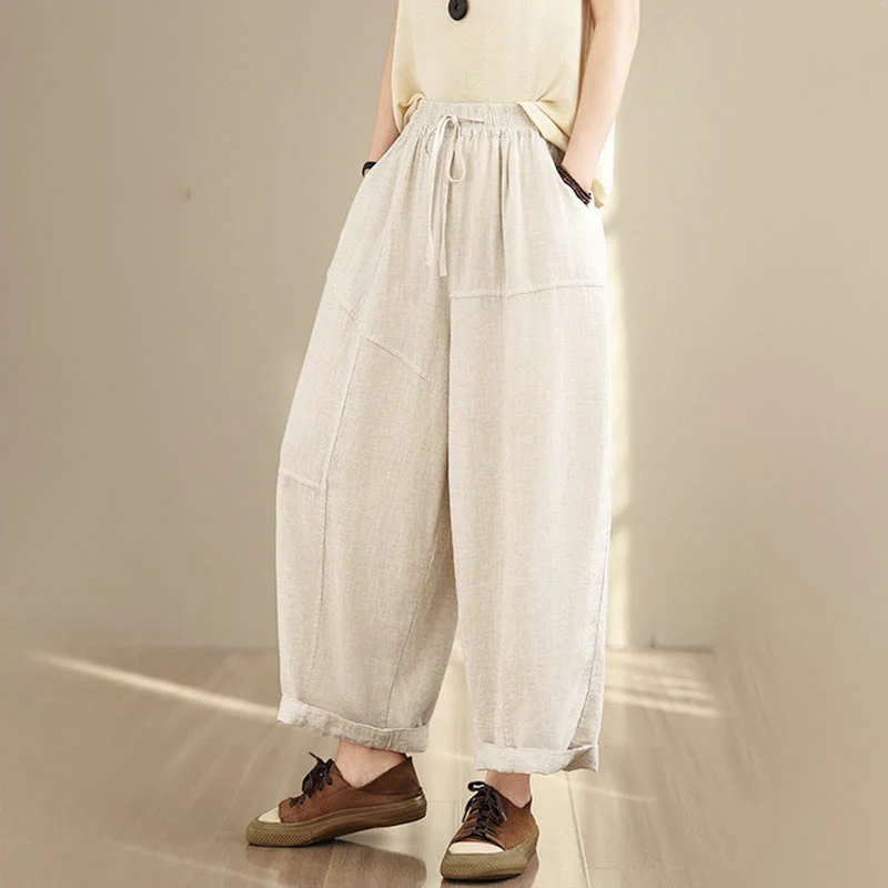 Pantaloni da donna in cotone e lino con coulisse, tinta unita, con tasche, modello Buddha Stones, lunghezza 7-8 - Image 3