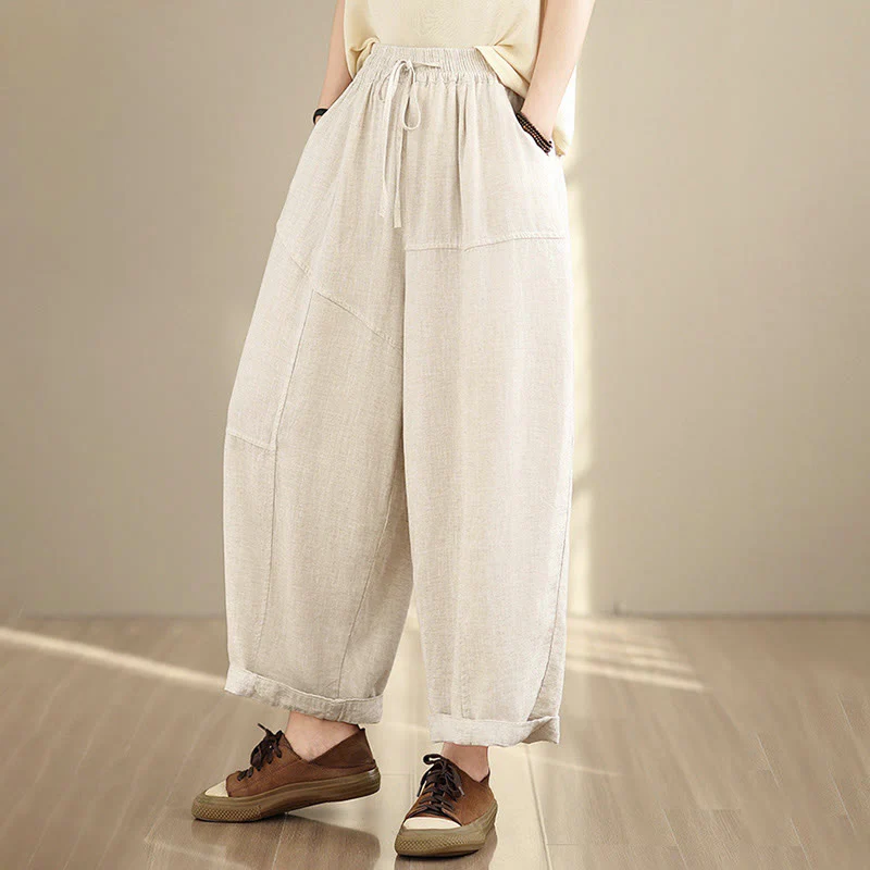 Pantaloni da donna in cotone e lino con coulisse, tinta unita, con tasche, modello Buddha Stones, lunghezza 7-8 - Image 4