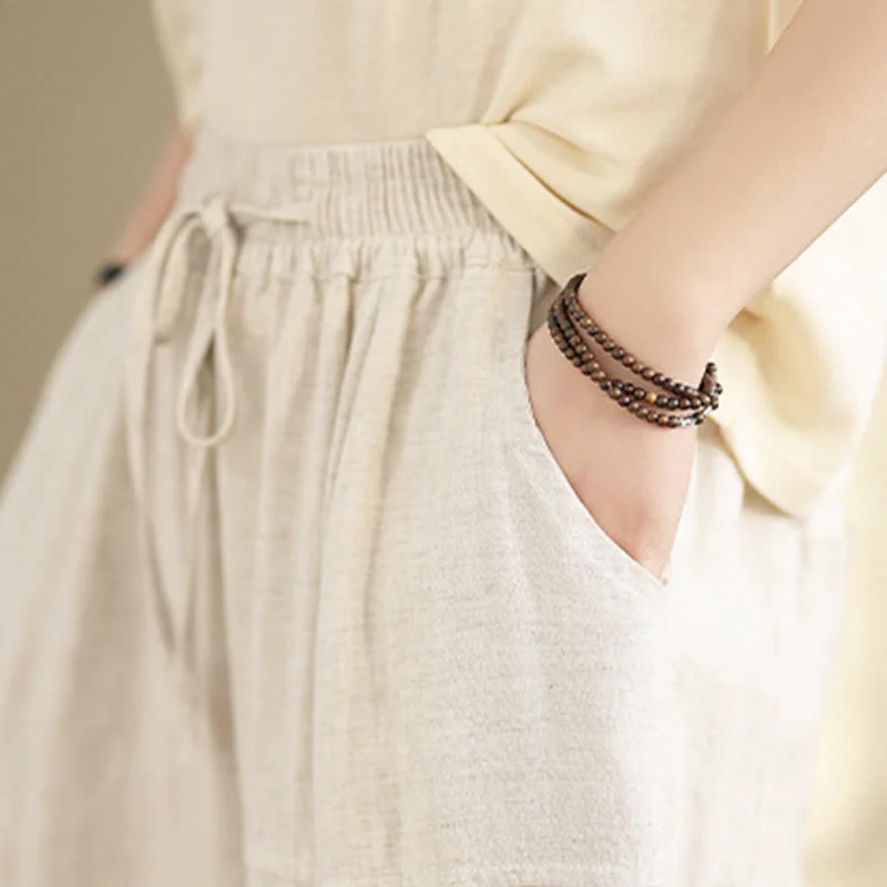 Pantaloni da donna in cotone e lino con coulisse, tinta unita, con tasche, modello Buddha Stones, lunghezza 7-8 - Image 9