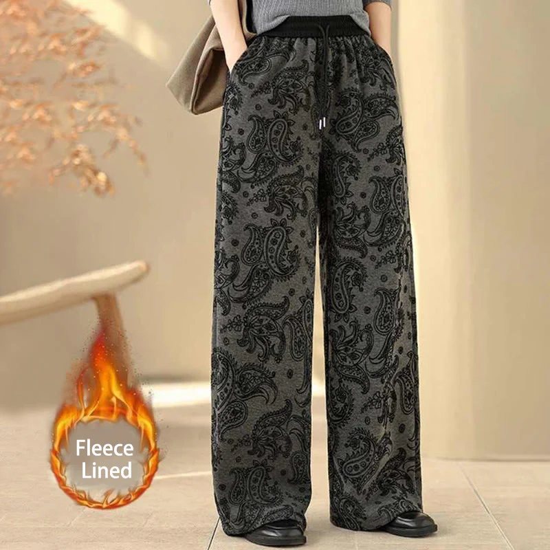 Pantaloni da donna in cotone termico con fodera in pile, gamba larga e tasche, motivo paisley jacquard Buddha Stones - Image 2