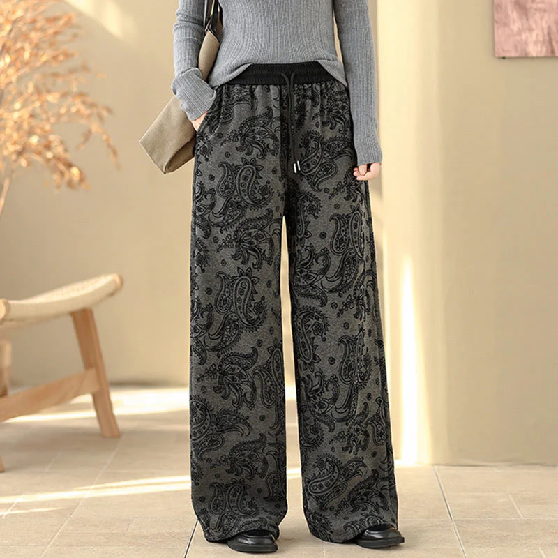 Pantaloni da donna in cotone termico con fodera in pile, gamba larga e tasche, motivo paisley jacquard Buddha Stones - Image 3