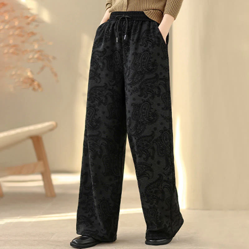 Pantaloni da donna in cotone termico con fodera in pile, gamba larga e tasche, motivo paisley jacquard Buddha Stones - Image 7