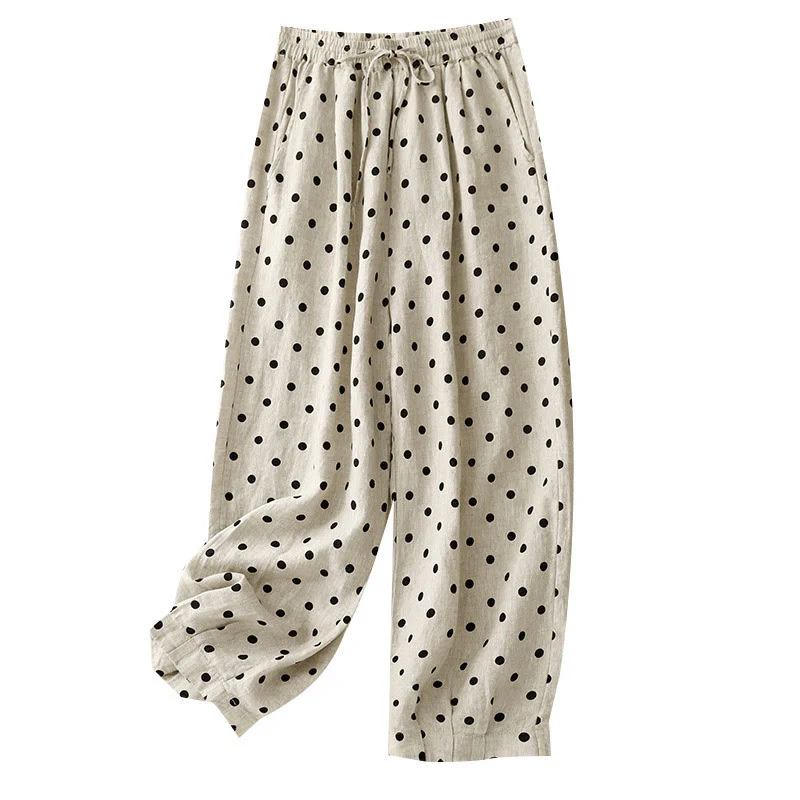 Pantaloni da donna in lino di cotone con coulisse e pois neri casual Buddha Stones con tasche - Image 14