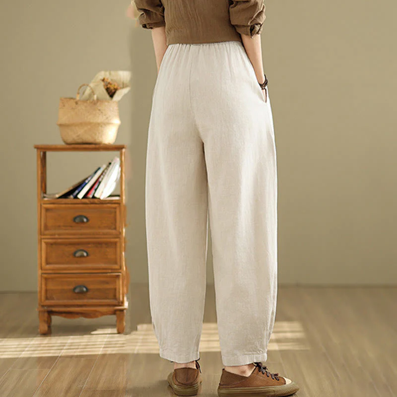 Pantaloni da donna in lino di cotone con tasche, casual, tinta unita, con elastico in vita , Buddha Stones - Image 14