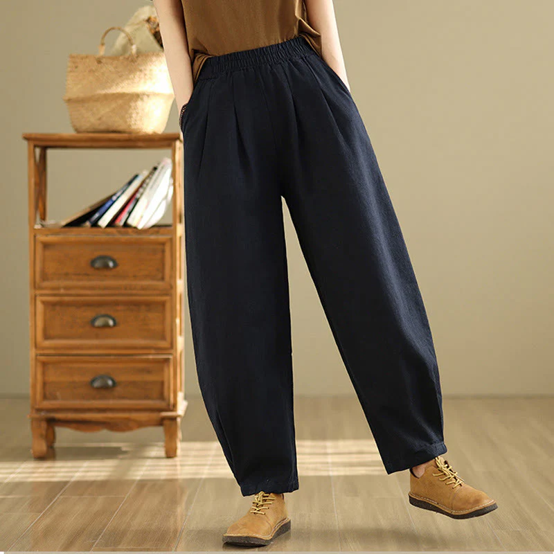 Pantaloni da donna in lino di cotone con tasche, casual, tinta unita, con elastico in vita , Buddha Stones - Image 20