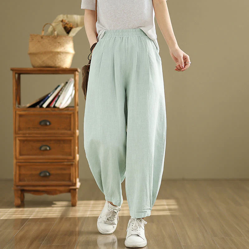 Pantaloni da donna in lino di cotone con tasche, casual, tinta unita, con elastico in vita , Buddha Stones - Image 28