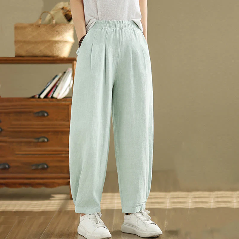 Pantaloni da donna in lino di cotone con tasche, casual, tinta unita, con elastico in vita , Buddha Stones - Image 30