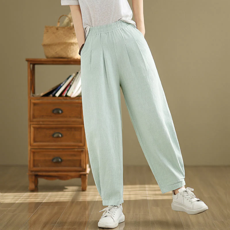 Pantaloni da donna in lino di cotone con tasche, casual, tinta unita, con elastico in vita , Buddha Stones - Image 31