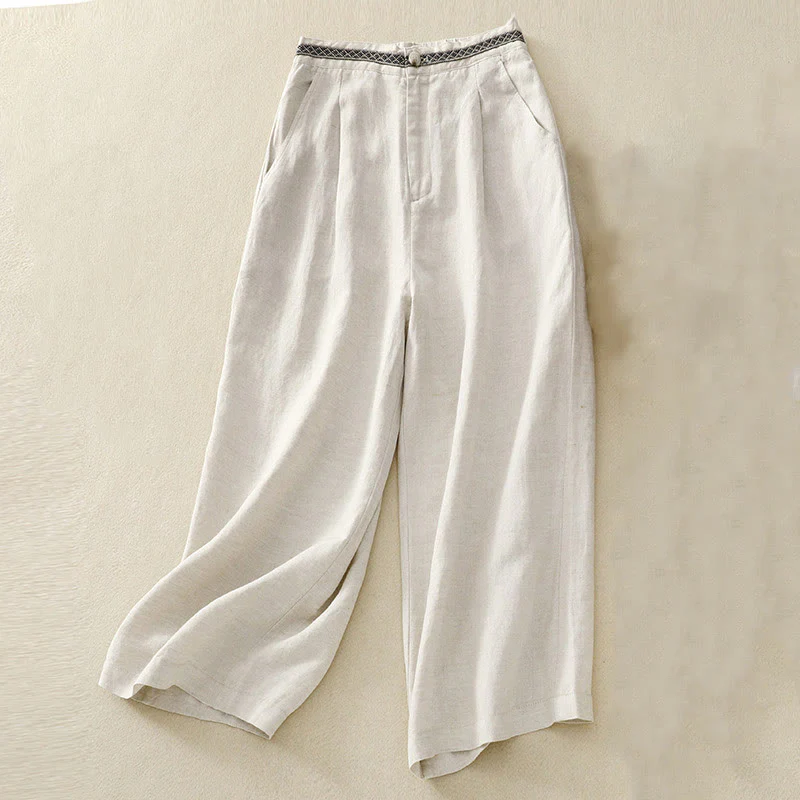 Pantaloni da donna in lino di cotone elasticizzato con tasche, tinta unita, bottoni anteriori e posteriori , Buddha Stones