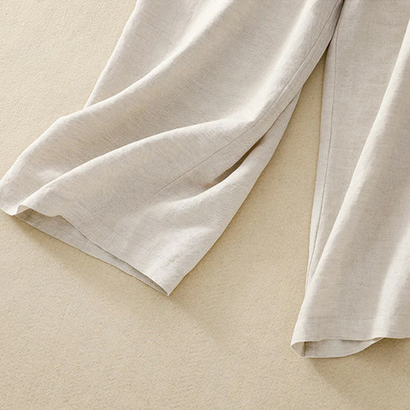 Pantaloni da donna in lino di cotone elasticizzato con tasche, tinta unita, bottoni anteriori e posteriori , Buddha Stones - Image 10