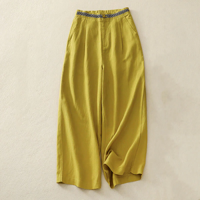 Pantaloni da donna in lino di cotone elasticizzato con tasche, tinta unita, bottoni anteriori e posteriori , Buddha Stones - Image 11